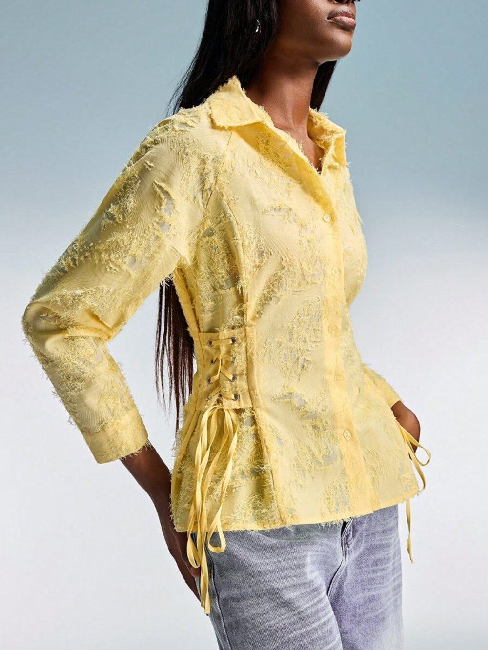 Yellow Casual Women's Polo Collar Tie-Waist Slim Long Sleeve Shirt - Picture 7 of 7